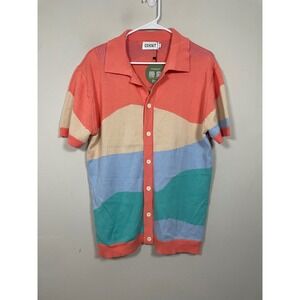 Oxknit Men's 70s Pastel Knit Short Sleeve Button Down Size Large Retro Casual
